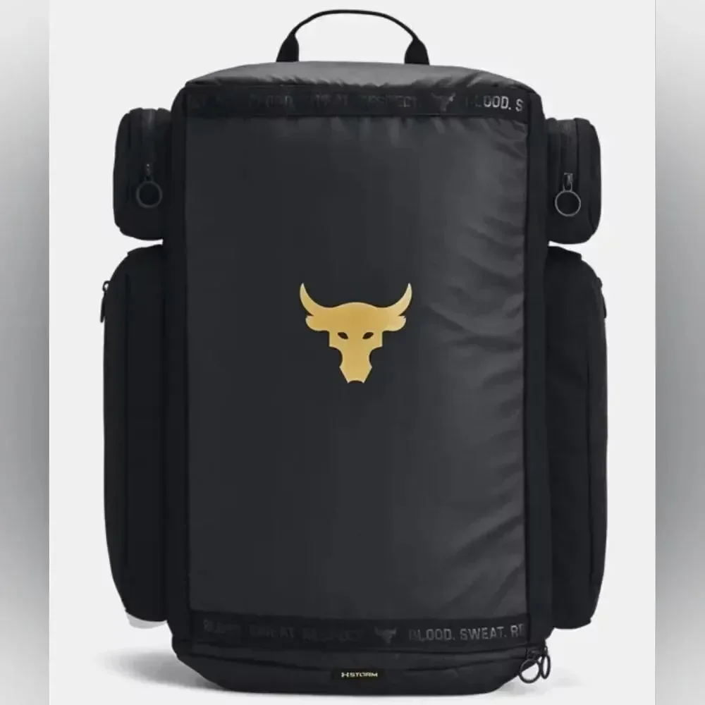 UA Under Armour Project Rock Duffle Backpack Bag Black Gold Gym New 1376459-002